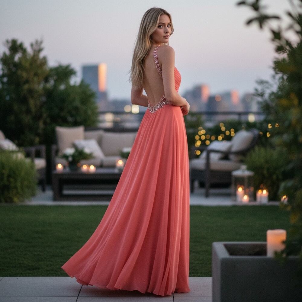 Faviana Beaded Chiffon Gown SIZE 0 Peach Formal Prom Pagent Rhinestone $395 NEW
